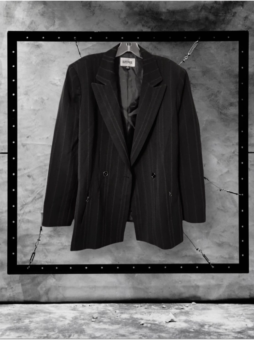 KASPER Black Blazer with Brown Pin Stripe Double Breasted Jacket Women's Size 16